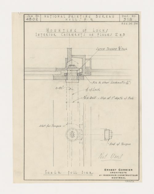 Détails du montage des serrures pour les châssis intérieurs sur les étages 2 et 3, Imprimerie Nationale du Canada, Hull, Québec, Canada