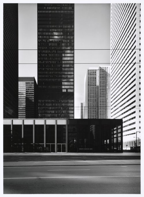 Exterior view of the Toronto-Dominion Bank Pavilion, the Toronto-Dominion Bank Tower and the Royal Trust Tower at 10:15 a.m., Toronto