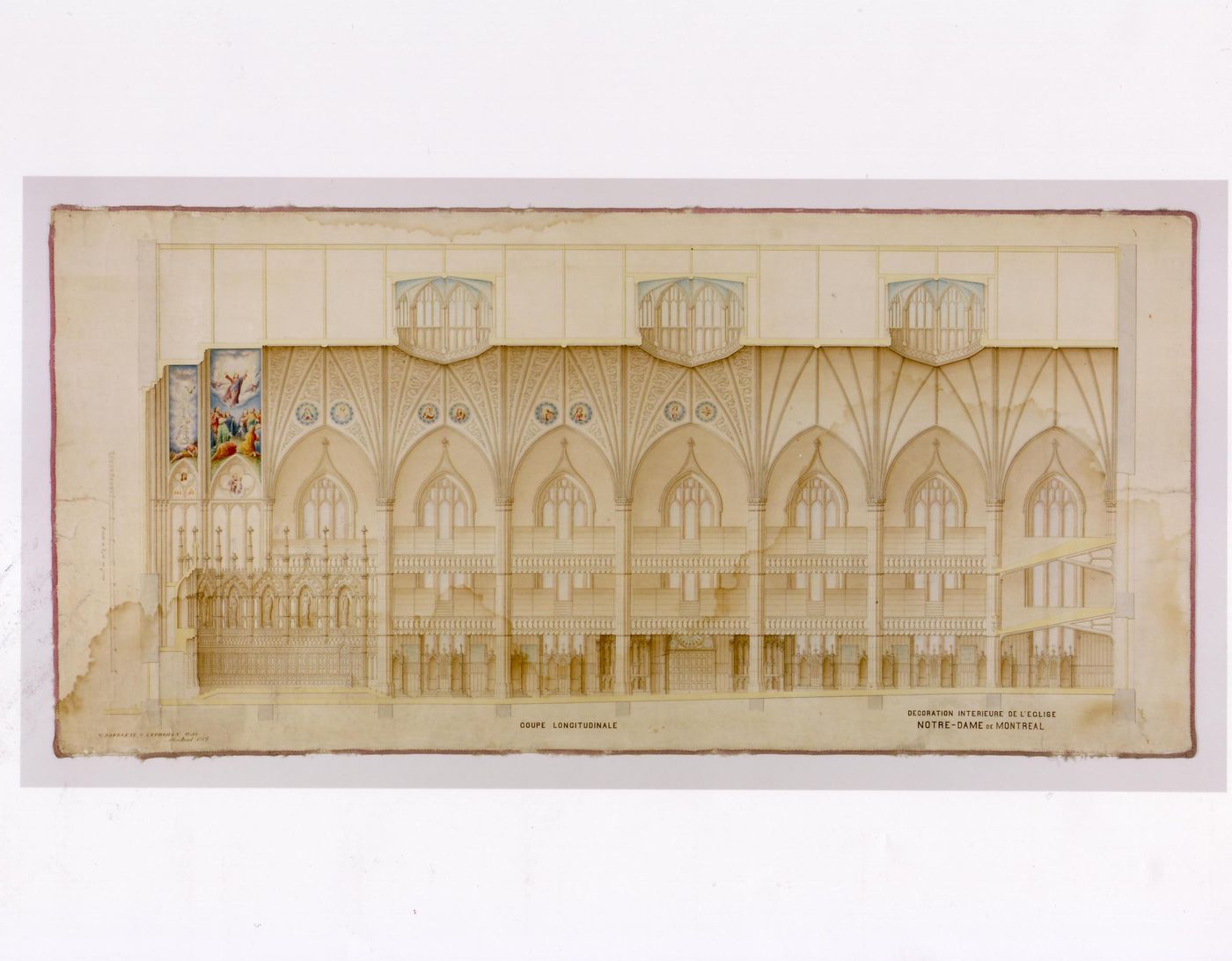 Longitudinal section of Notre-Dame de Montréal showing the interior decorative programme by Bourgeau et Leprohon including ceiling and vault paintings, statues and mouldings
