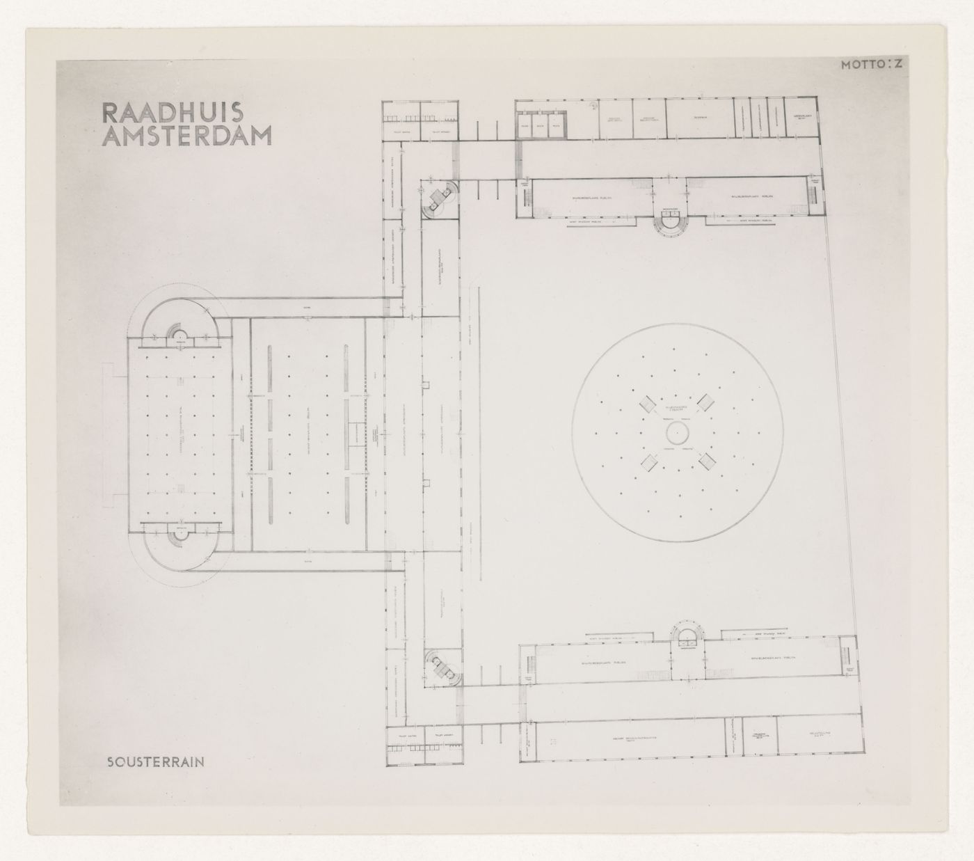 Photograph of a basement plan for J.J.P. Oud's competition entry for Amsterdam City Hall, Netherlands