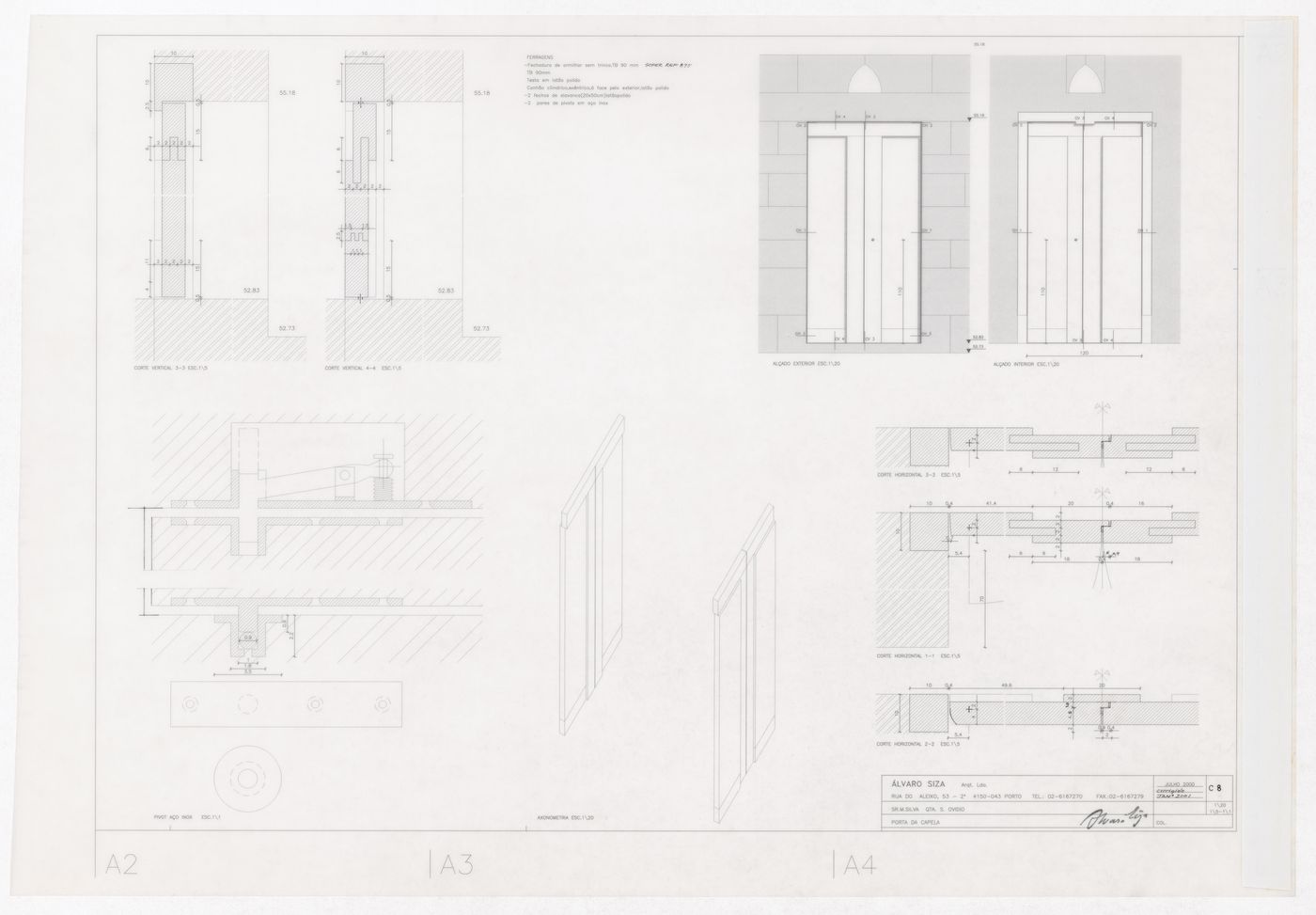 Chapel door plans, sections, and axonometric views for Casa Manuel Silva, Quinta de S. Ovídio, Lousada, Portugal