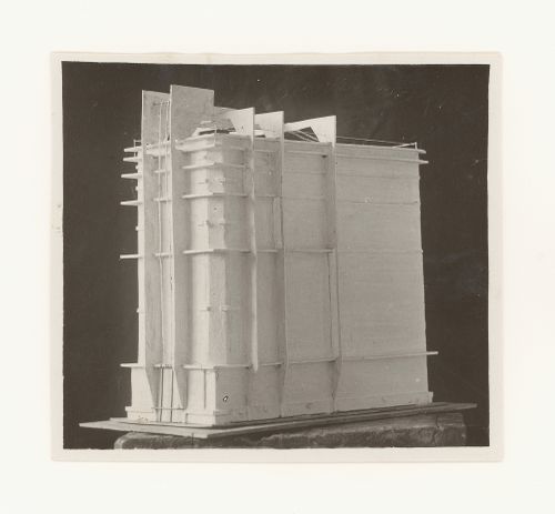 Photograph of a student model on the topic "Finding the Form of Blunt Massive Volume (Parallelepiped, Cylinder, Complex Configuration)" for the "Space" course at the Vkhutemas (Higher State Artistic Technical Studios), Moscow