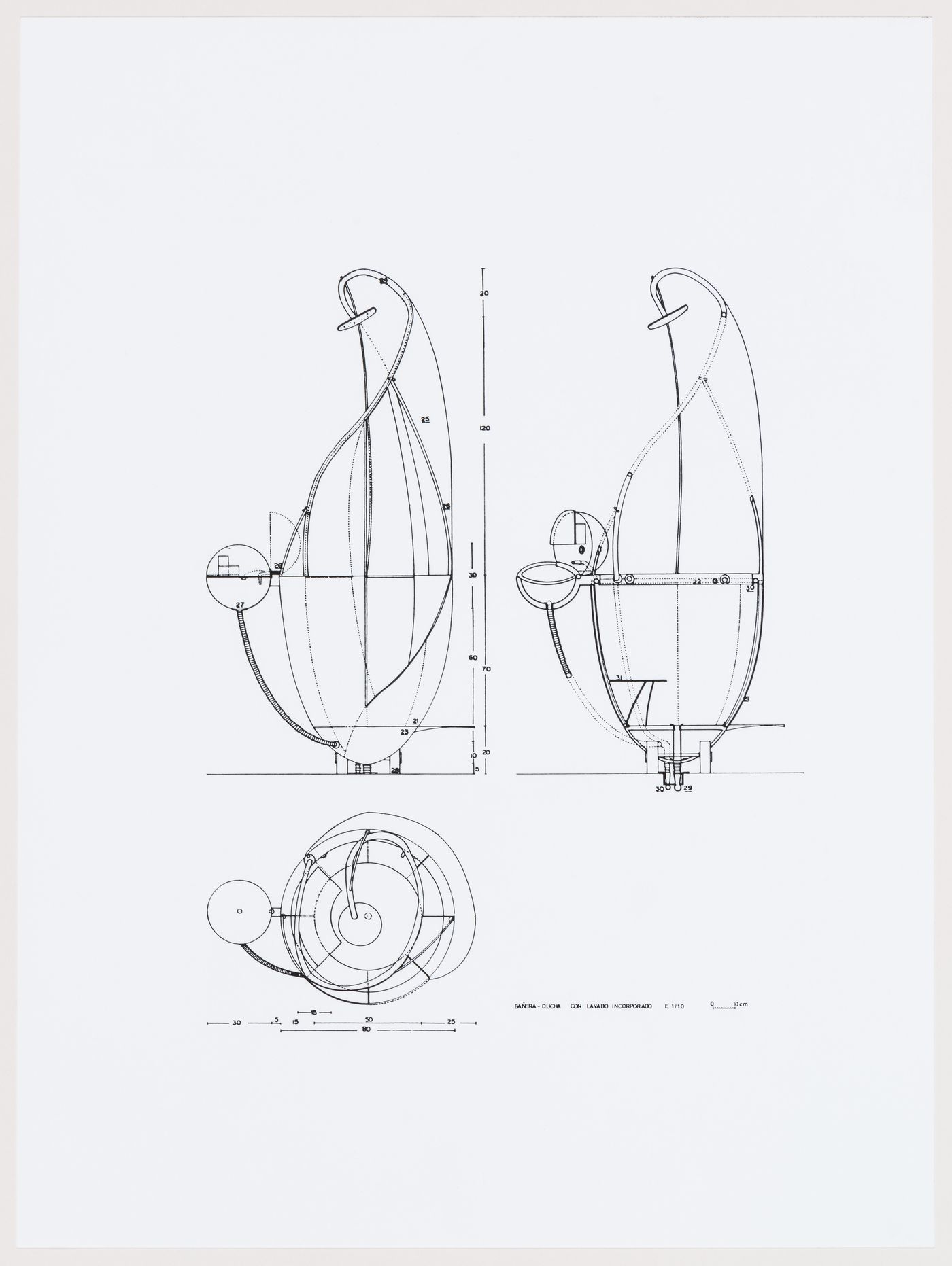 Design drawing of a shower with built-in washbasin, Vivienda y ciudad, avenida Diagonal, Barcelona, Spain