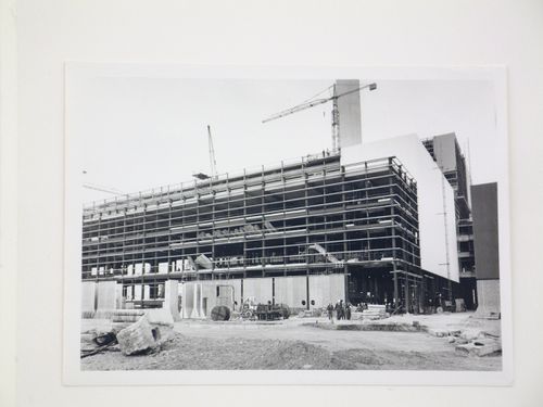 View of installation of exterior wall panels for power station, United Kingdom
