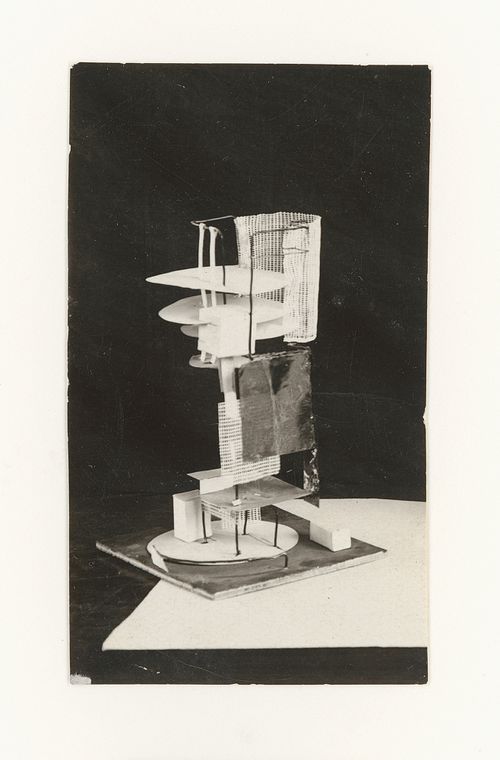 Photograph of student models on the topic "Constructing a Voluminous Composition Based on Correlation of Mass and Support" for the "Space" course at the Vkhutemas (Higher State Artistic Technical Studios), Moscow