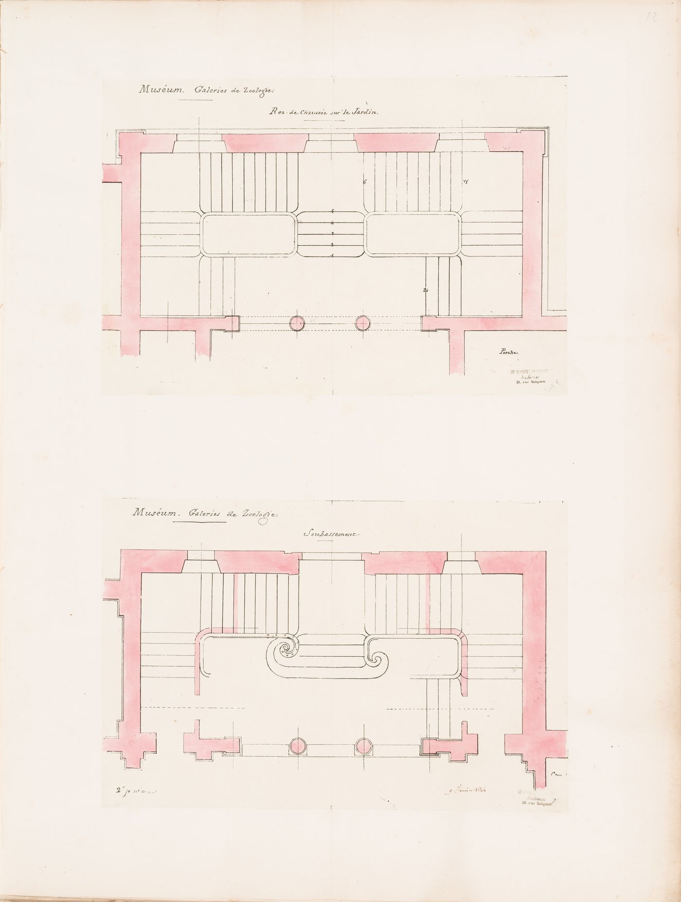Project for a Galerie de zoologie, 1846: Plans for the principal "soubassement" and the ground floor stairs