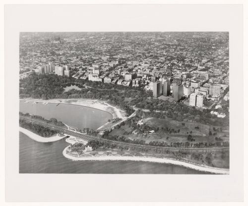 Photograph of a photomontage showing a bird's-eye view of the Commonwealth Promenade Apartments, Chicago, Illinois