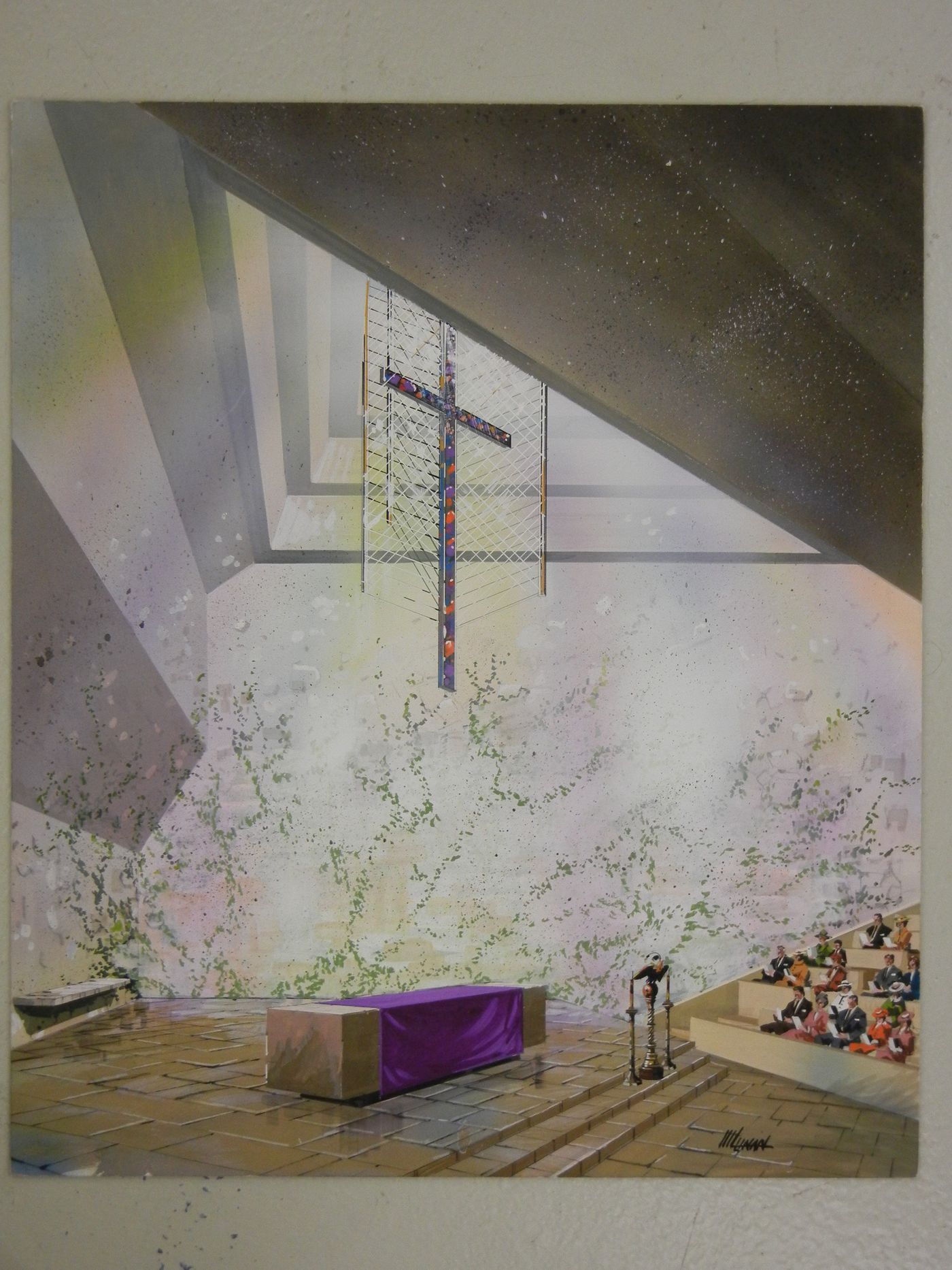 Church Interior perspective showing altar, parishoners, and cross
