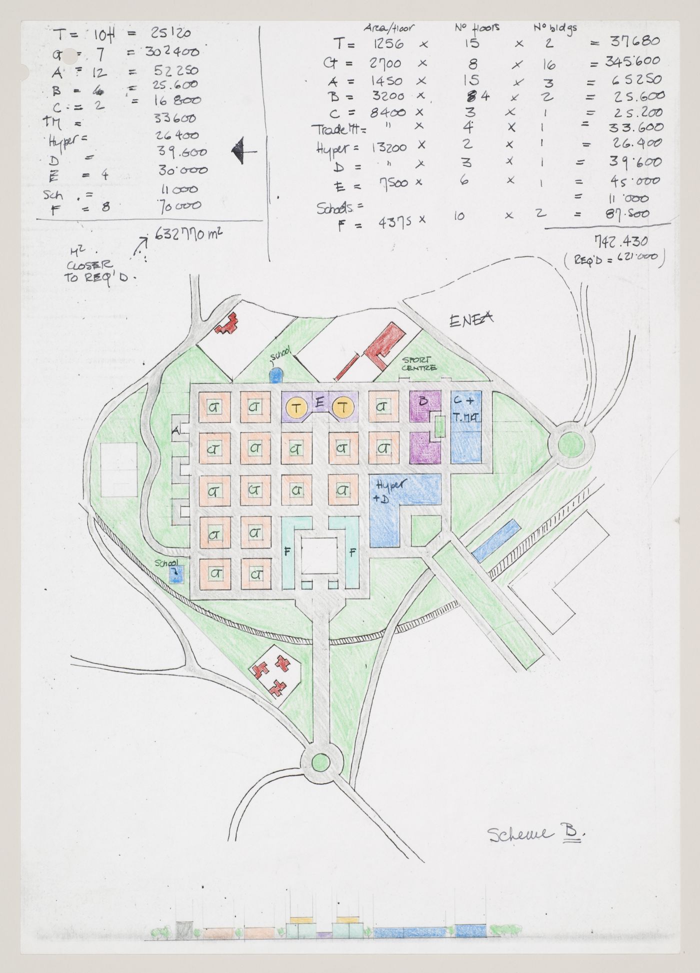 New Town Centre, Caselecchio di Reno, Italy: plan and elevation