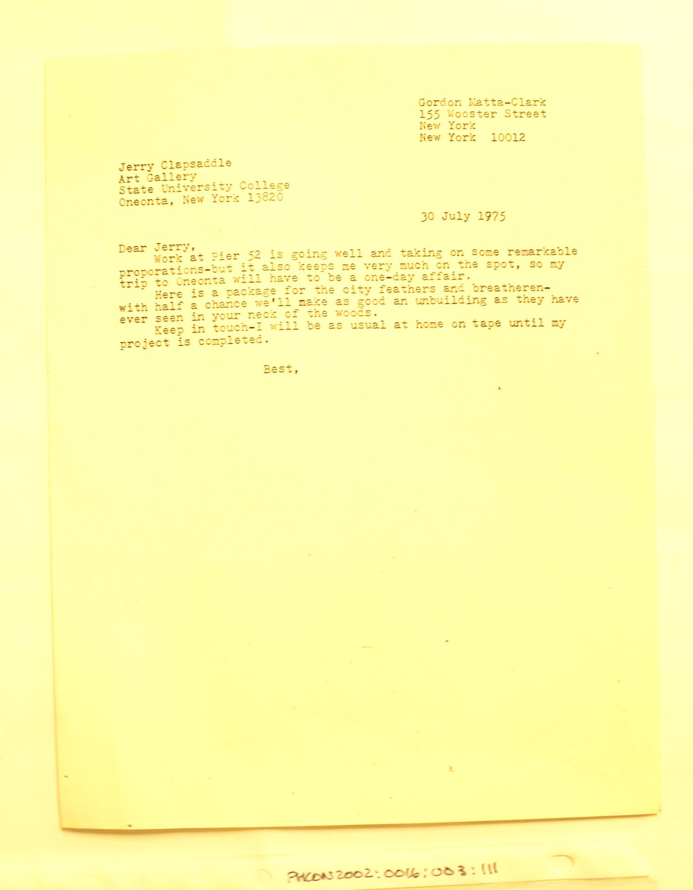 Letter from Gordon Matta-Clark to Jerry Clapsaddle