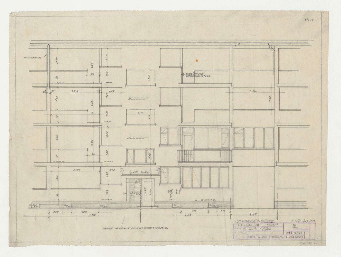 Elevation for type A and type AO housing units, Hellerhof Housing Estate, Frankfurt am Main, Germany