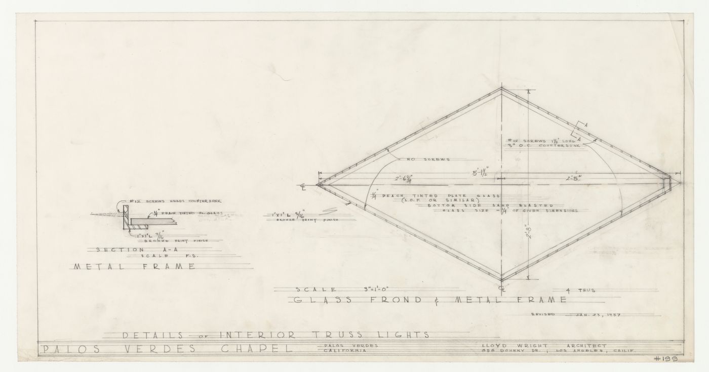 Wayfarers' Chapel, Palos Verdes, California: Section and plan for details for the interior truss lighting fixtures for the chapel