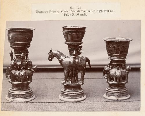 View of bronze flowerpots, F. Beato Limited, C Road, Mandalay, Burma (now Myanmar)