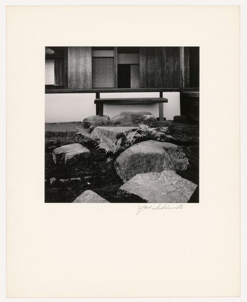View of the southeast entrance of the Old Shoin showing a doorway, a wooden step and stepping-stones, Katsura Rikyu (also known as Katsura Imperial Villa), Kyoto, Japan