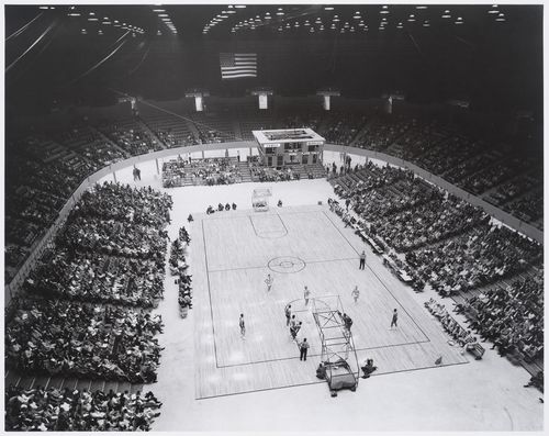 View of the Los Angeles Memorial Sports Arena during a basketball game, California, United States