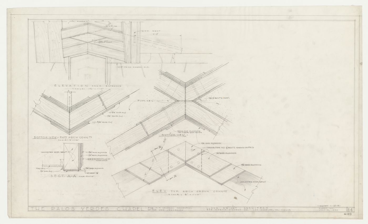 Wayfarers' Chapel, Palos Verdes, California: Elevation for woodwork surrounding the northeast entrance to the chapel and plans, elevation and section for truss joints
