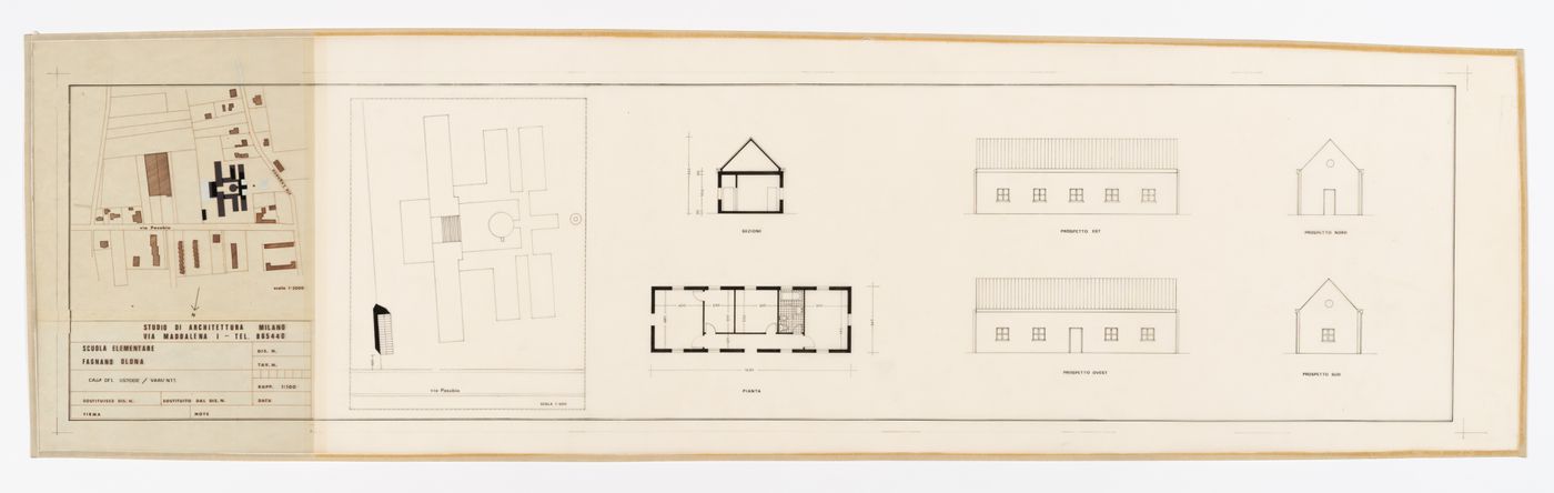 Site plan, section, plan, and elevations of the caretaker house (Casa del ustode / variants), Scuola elementare a Fagnano Olona, Italy