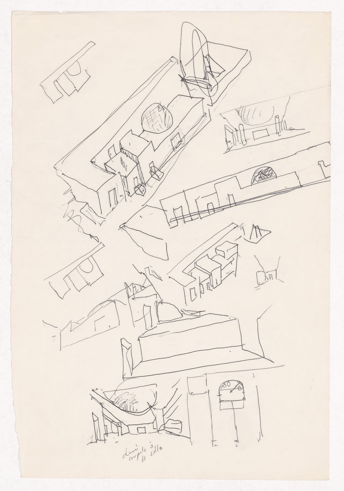Sketch perspectives, elevation, and axonometric views for Casa Aníbal Guimarães da Costa, Trofa, Portugal