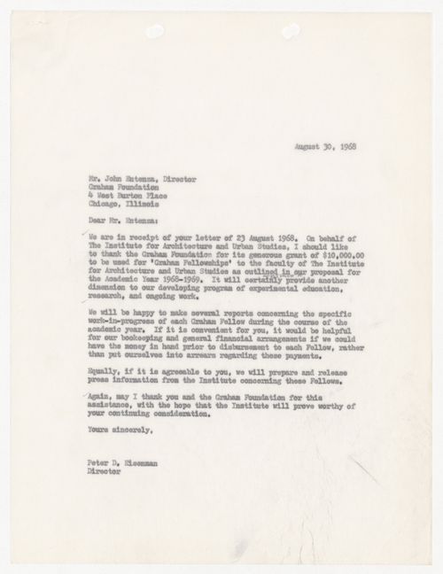 Letter from Peter D. Eisenman to John D. Entenza acknowledging receipt of a grant from the Graham Foundation