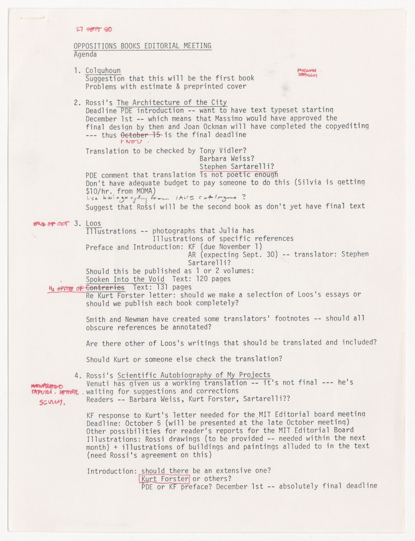 Agenda for Oppositions Books editorial meeting with attached production schedule for 1980-1981