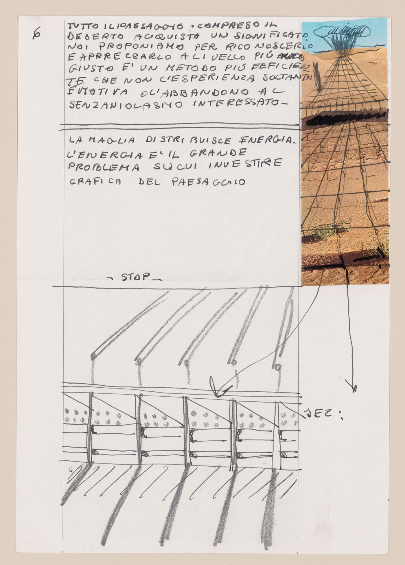 Page 5 of a storyboard describing filming locations and planning sketches of various scenes for Supersuperficie [Supersurface]