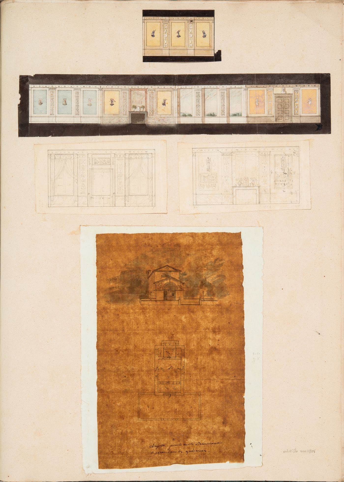 Project for a château for M. de Lorgeril, Motte Beaumanoir: Elevations showing the interior decoration; Plan and perspective for a sepulchral chapel for the de Lorgeril family, Motte Beaumanoir