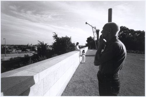 View of the esplanade showing the allegorical columns in the background, CCA garden, Montréal, Québec, Canada