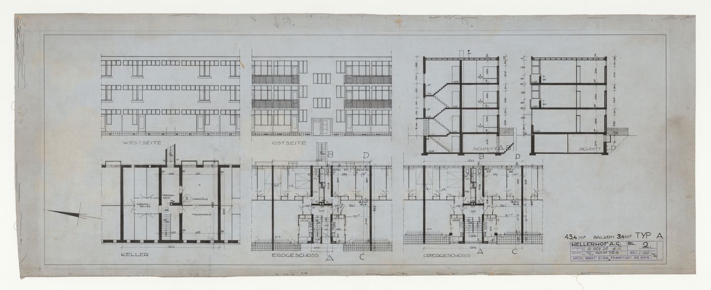 Basement, ground, and first floor plans, east and west elevations, and sections for a type A housing unit, Hellerhof Housing Estate, Frankfurt am Main, Germany