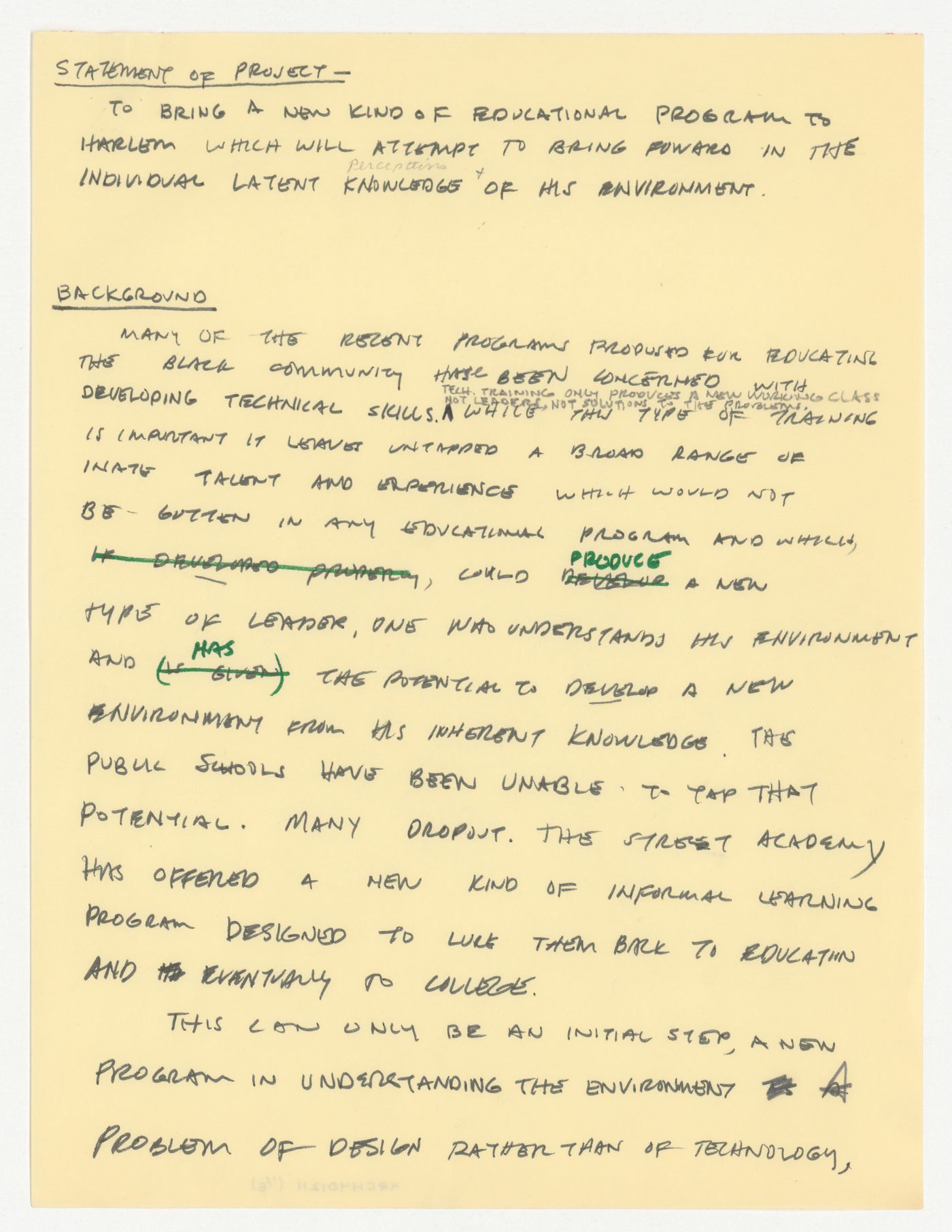 Draft project description for Harlem educational program with annotations by Peter D. Eisenman