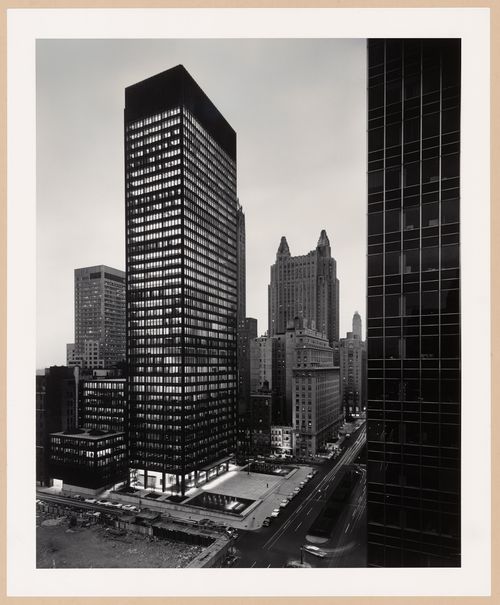 View of the Seagram Building and Plaza at dusk, New York City, New York, United States