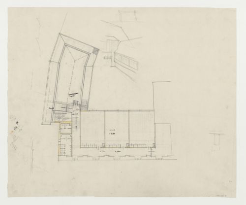 Plan and partial sketch perspective for an addition to an existing building, possibly a school, Limburg an der Lahn, Germany