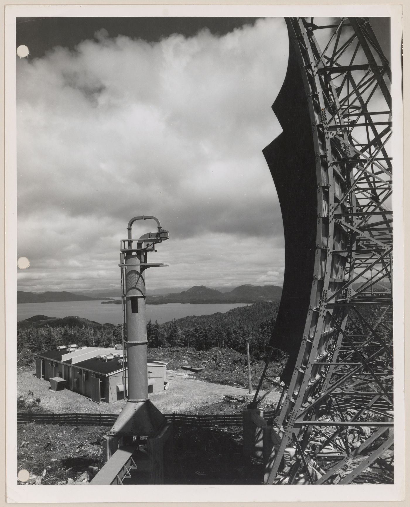 View of BC Tel troposcatter telecommunication system, Trutch Island, British Columbia, Canada