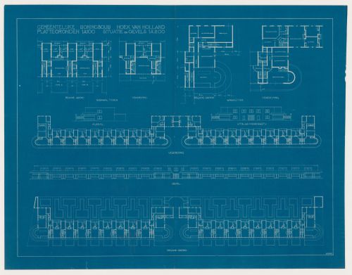 Ground and first floor plans and elevations for industrial row houses, Hoek van Holland, Netherlands; verso: Elevations, details and doodles for industrial row houses [?], Netherlands