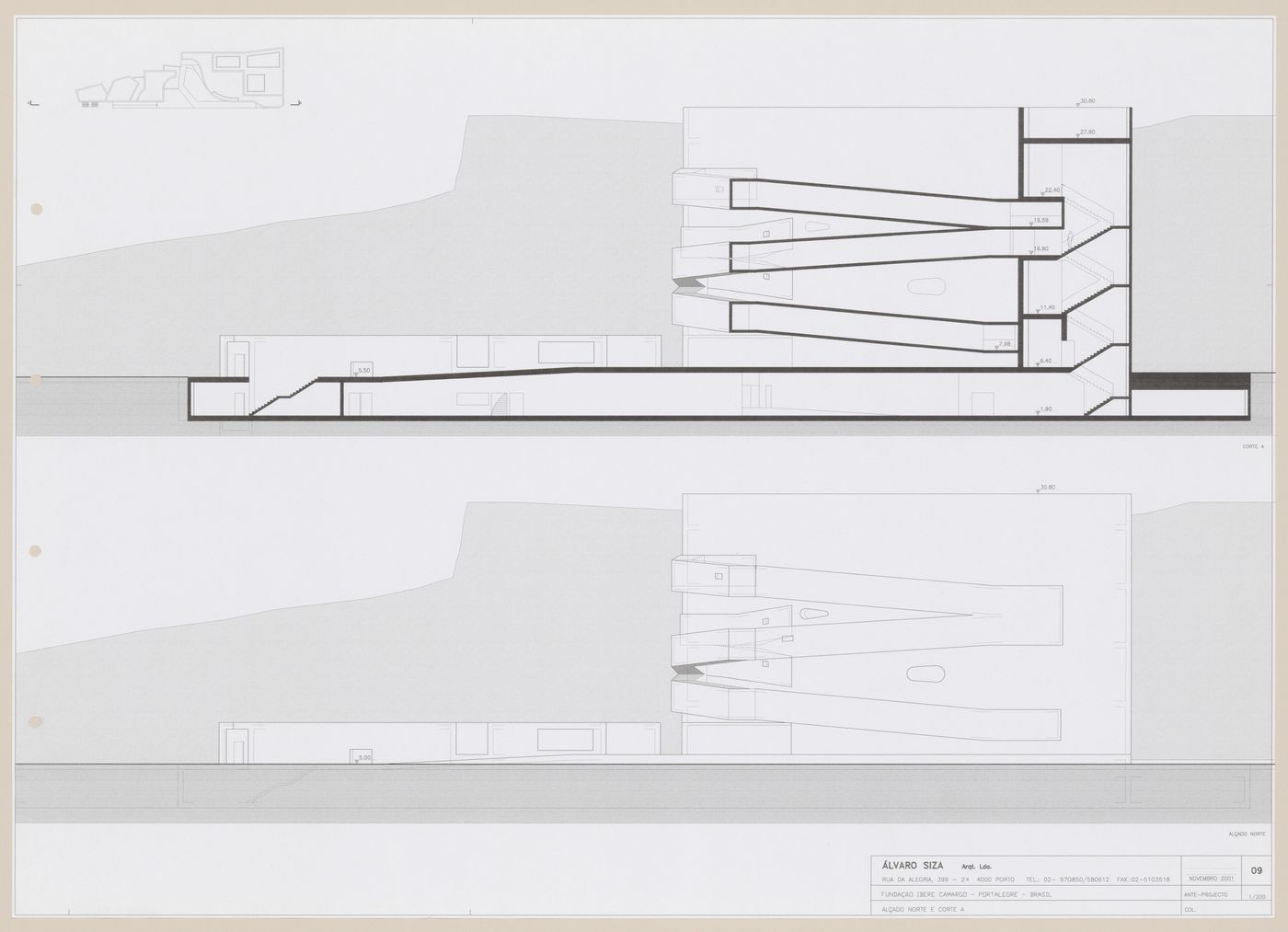 North elevation and section for C. Cultural e Audit. para a Fundação Iberê  Camargo [Iberê  Camargo Foundation Museum], Porto Alegre, Brazil