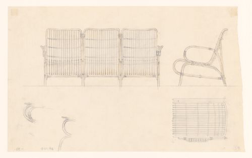 Elevations, a plan and details for three cane chairs, Göteborgs rådhusets tillbyggnad [courthouse annex], Göteborg, Sweden