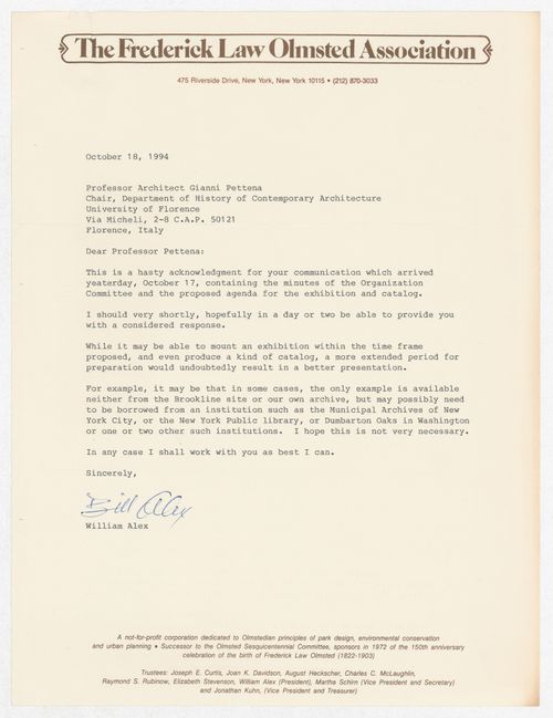 Correspondence with William Alex for the exhibition Olmsted: L'origine del parco urbano e del parco naturale contemporaneo