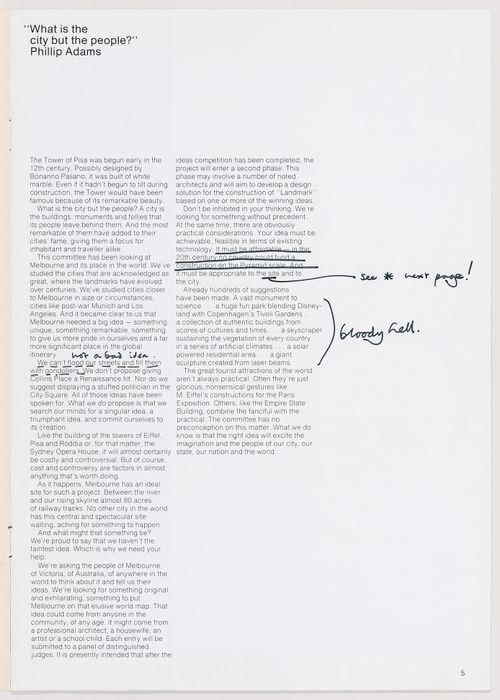 Program for the Melbourne Landmark Ideas Competition with notations by Cedric Price