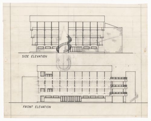Side and front elevations for Theatre for J&K Academy of Art, Culture and Languages, Jammu, India