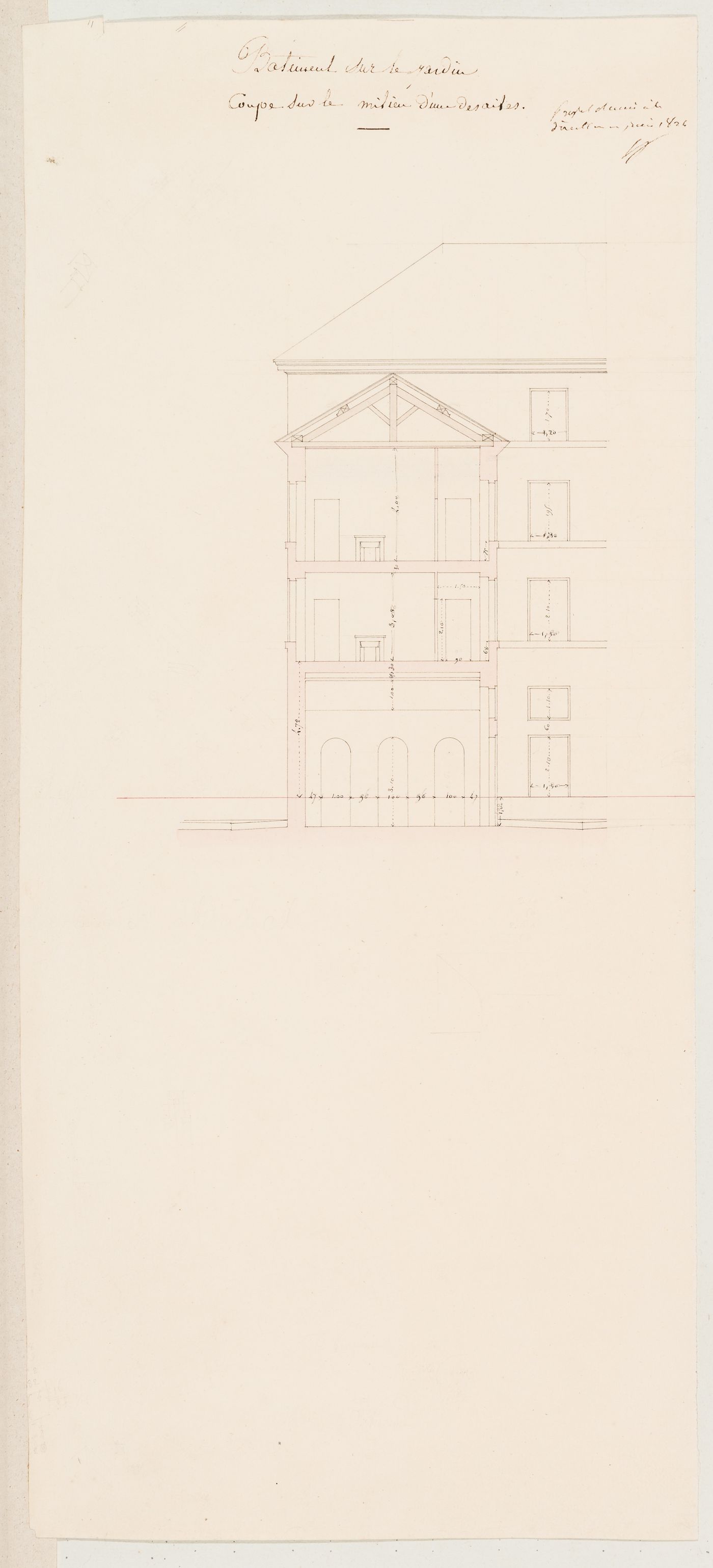 Project for the caserne de la Gendarmerie royale, rue Mouffetard: Section through one of the wings facing the garden