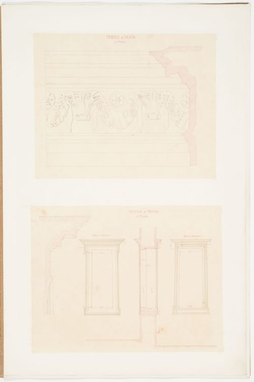 Elevation and profile of a frieze showing bucrania and festoons from the Temple of the Sibyl, Tivoli; Two elevations, sections, and profiles of the interior and exterior window from the Temple of the Sibyl, Tivoli