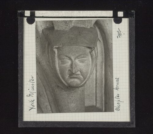 View of sculpture of head in Chapter House of York Minster, York, North Yorkshire, England