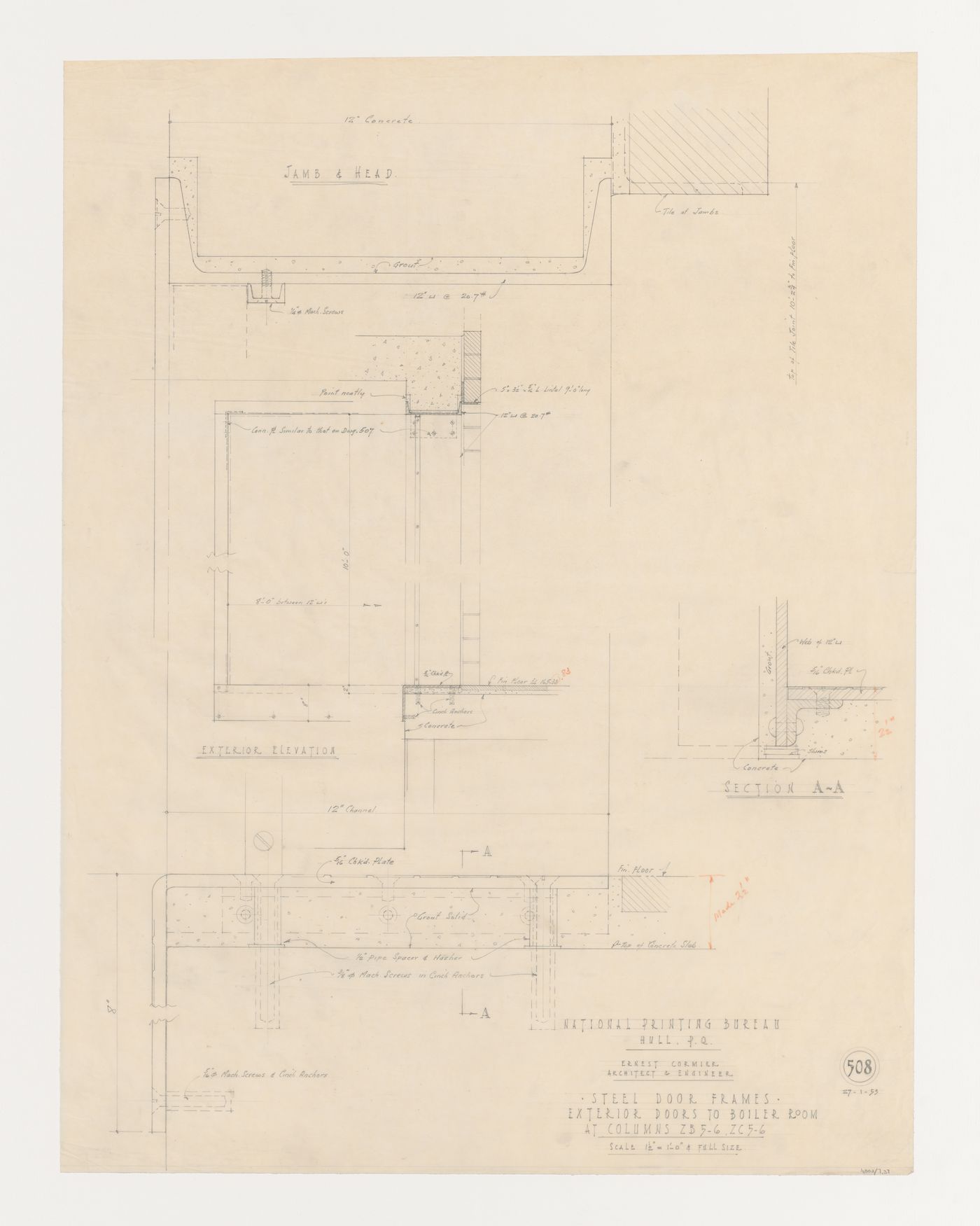 Élévations, coupes et détails des cadres de porte extérieure de la chaufferie, Imprimerie Nationale du Canada, Hull, Québec, Canada