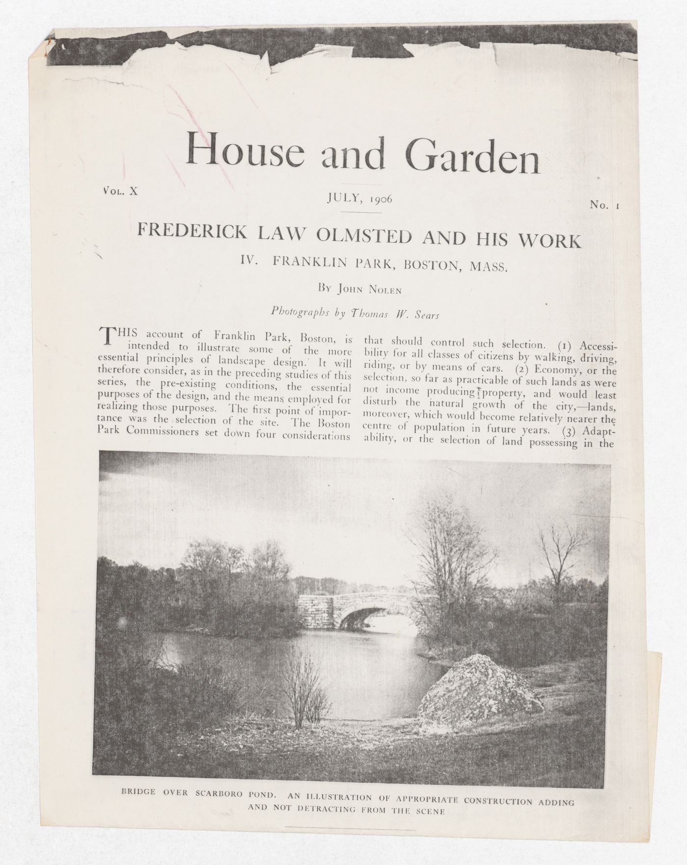 Photocopy of article by John Nolen, Frederick Law Olmsted and his work, House and Garden, Vol X, No. 1 for the exhibition Olmsted: L'origine del parco urbano e del parco naturale contemporaneo