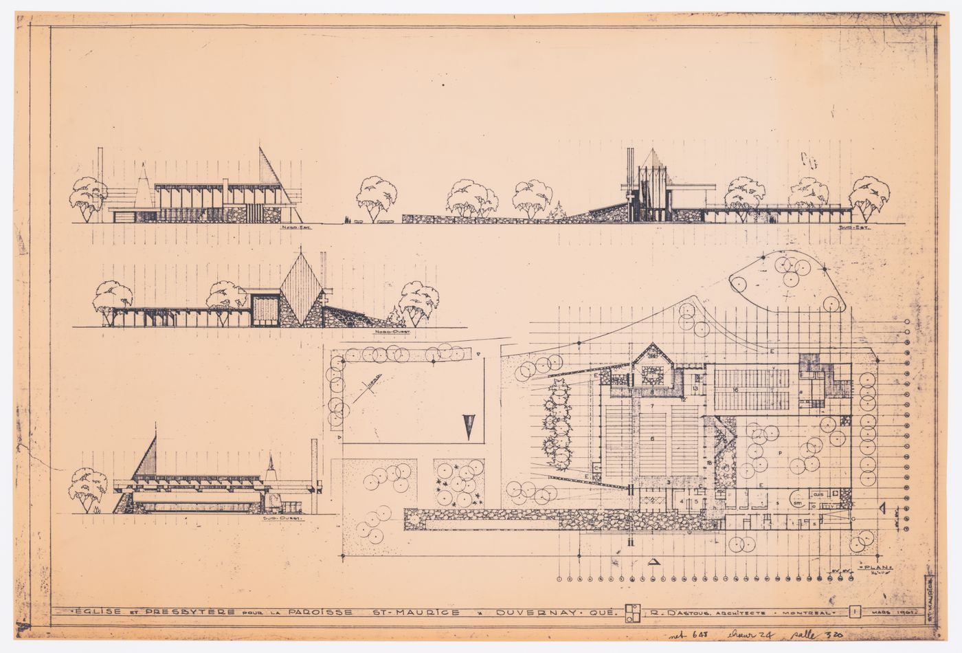 Église et presbytère pour la paroisse Saint-Maurice, Duvernay, Québec: élévations et plan d'implantation