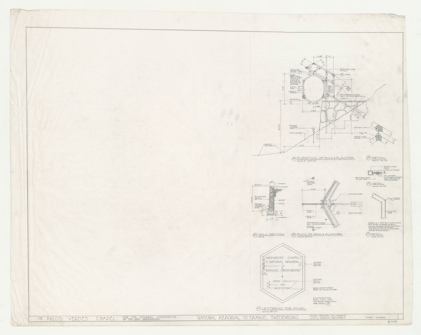 Wayfarers' Chapel, Palos Verdes, California: Elevations, sections and plan for the roadside sign and planter