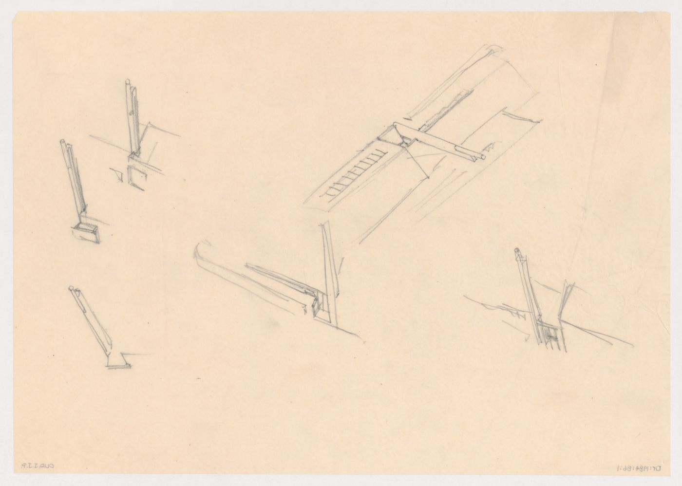 Partial bird's-eye sketch axonometrics for the church for Kiefhoek Housing Estate, Rotterdam, Netherlands