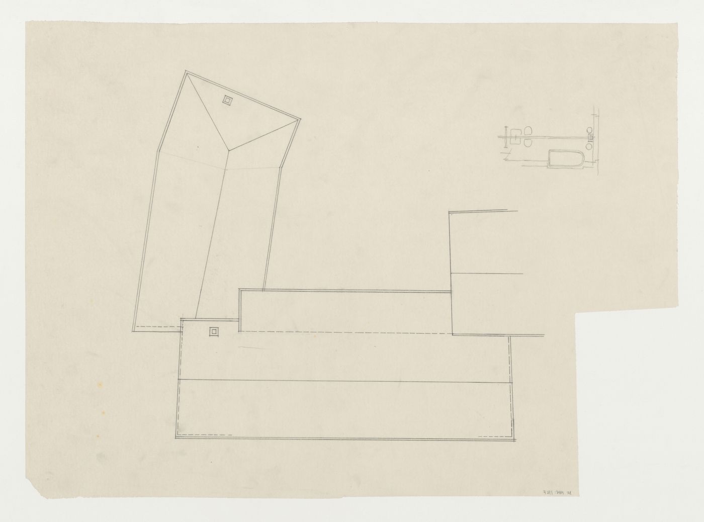 Plan for an addition to an existing building, possibly a school, Limburg an der Lahn, Germany, and plan for an unidentifed bathroom