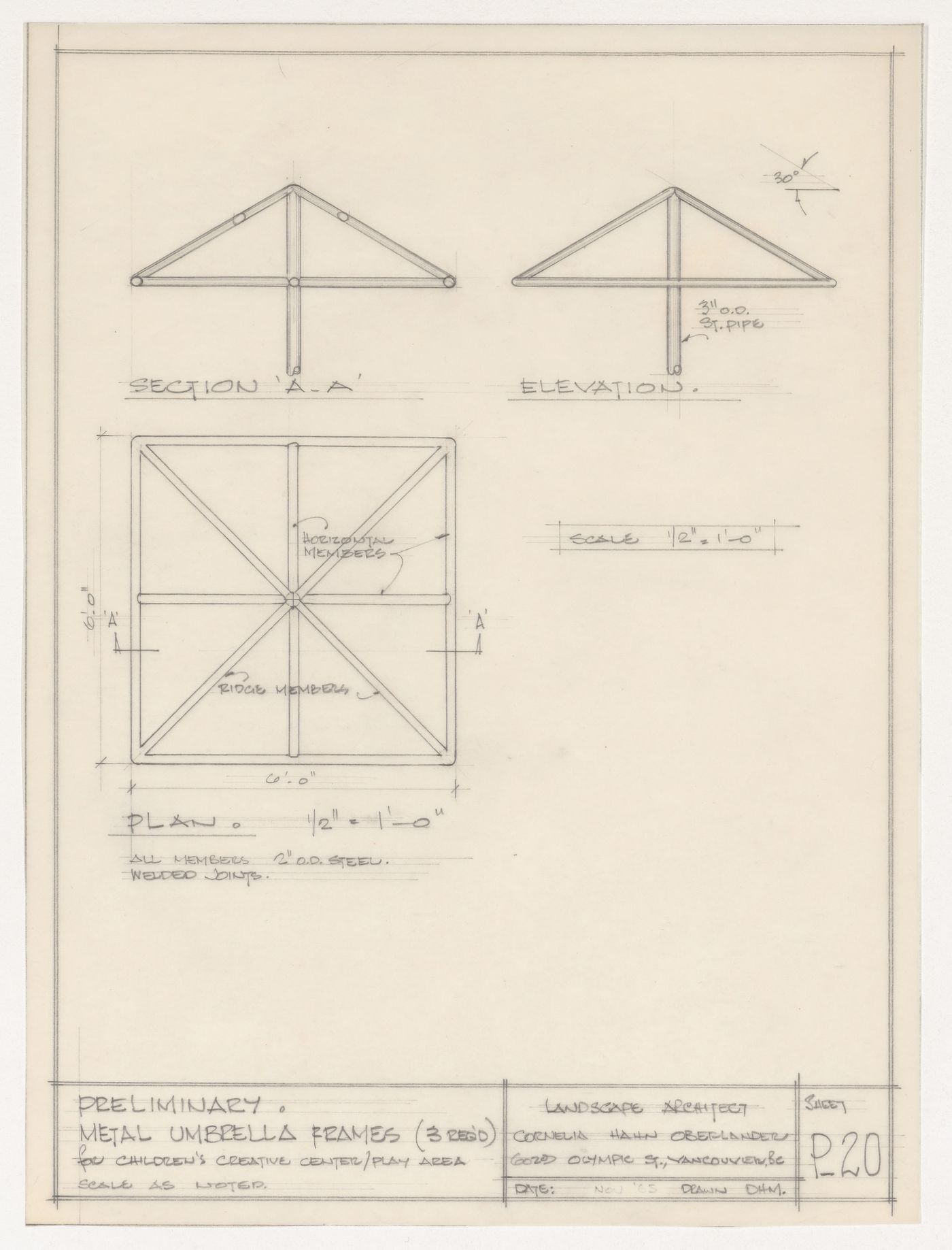 Preliminary section, elevation, and plan for metal umbrella frames for Children's Creative Centre Playground, Canadian Federal Pavilion, Expo '67, Montréal, Québec