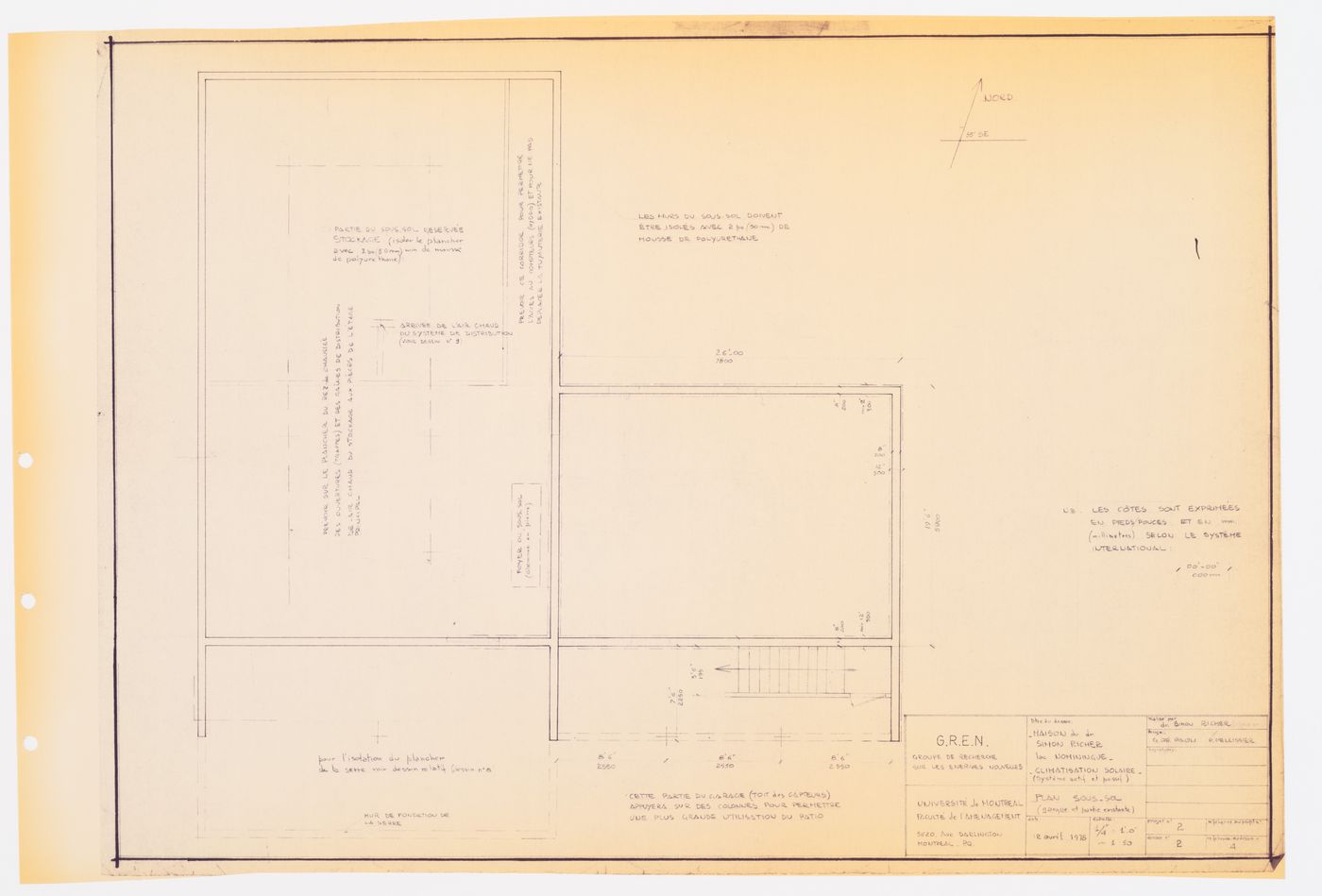 Climatisation solaire "système passif et actif" : plan sous-sol (garage et partie existante), Maison du docteur Simon Richer, Nominingue, Québec, Canada