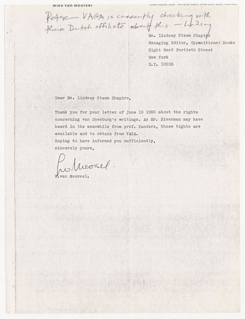 Letter from Wies van Moorsel to Lindsay Stamm Shapiro about rights to Theo van Doesburg's writing with handwritten note from Shapiro to Peter D. Eisenman